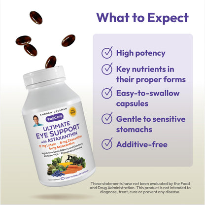 Andrew Lessman ProCaps Ultimate Eye Support with Astaxanthin 60 Softgels | Lutein, Zeaxanthin & 4 mg Astaxanthin plus Bilberry, EGCG & Ahiflower Oil for macular, retinal & vision support.