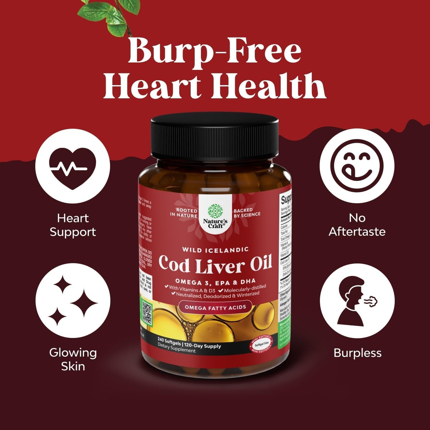 Icelandic Wild Caught Cod Liver Oil Softgels - Fish Omega 3, EPA, DHA, Vitamin D & A, 1000mg Per Serving - Burpless Capsules for Heart, Joint, Brain & Immune Support - 100 Count