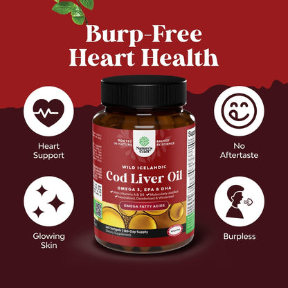 Icelandic Wild Caught Cod Liver Oil Softgels - Fish Omega 3, EPA, DHA, Vitamin D & A, 1000mg Per Serving - Burpless Capsules for Heart, Joint, Brain & Immune Support - 100 Count