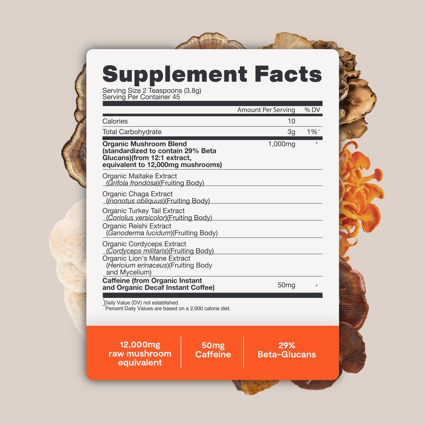 Premium Organic Mushroom Coffee – 12:1 Fruiting Body Extract – 29% Beta-Glucans – Smooth Tasting, 3rd-Party Tested for Clean Energy, No Jitters, Focus, Immune Support (15 Servings)