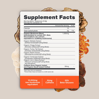 Premium Organic Mushroom Coffee – 12:1 Fruiting Body Extract – 29% Beta-Glucans – Smooth Tasting, 3rd-Party Tested for Clean Energy, No Jitters, Focus, Immune Support (15 Servings)