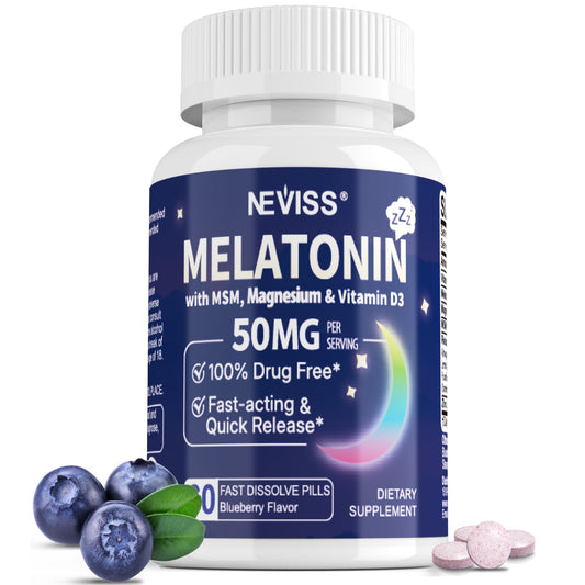 NEVISS Melatonin 50 mg for Adults - Extra Strength 9-in-1 Fast Dissolve Sublingual - High Dose with Magnesium Glycinate, Vitamin D3, Ashwagandha, Lemon Balm, Chamomile, Sugar Free,Vegan 120 Tablets