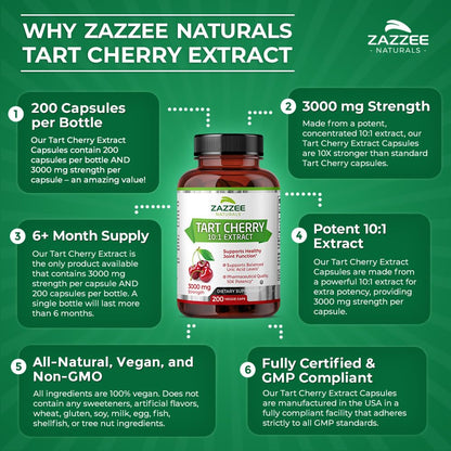 Zazzee Tart Cherry 10:1 Extract, 3000 mg Strength, 200 Vegan Capsules