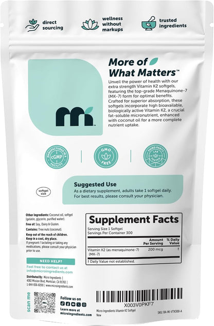 Micro Ingredients Vitamin K2 MK-7 200 mcg Per Serving, 300 Coconut Oil Softgels | K2 Vitamin Supplement with Coconut Oil | Non-GMO
