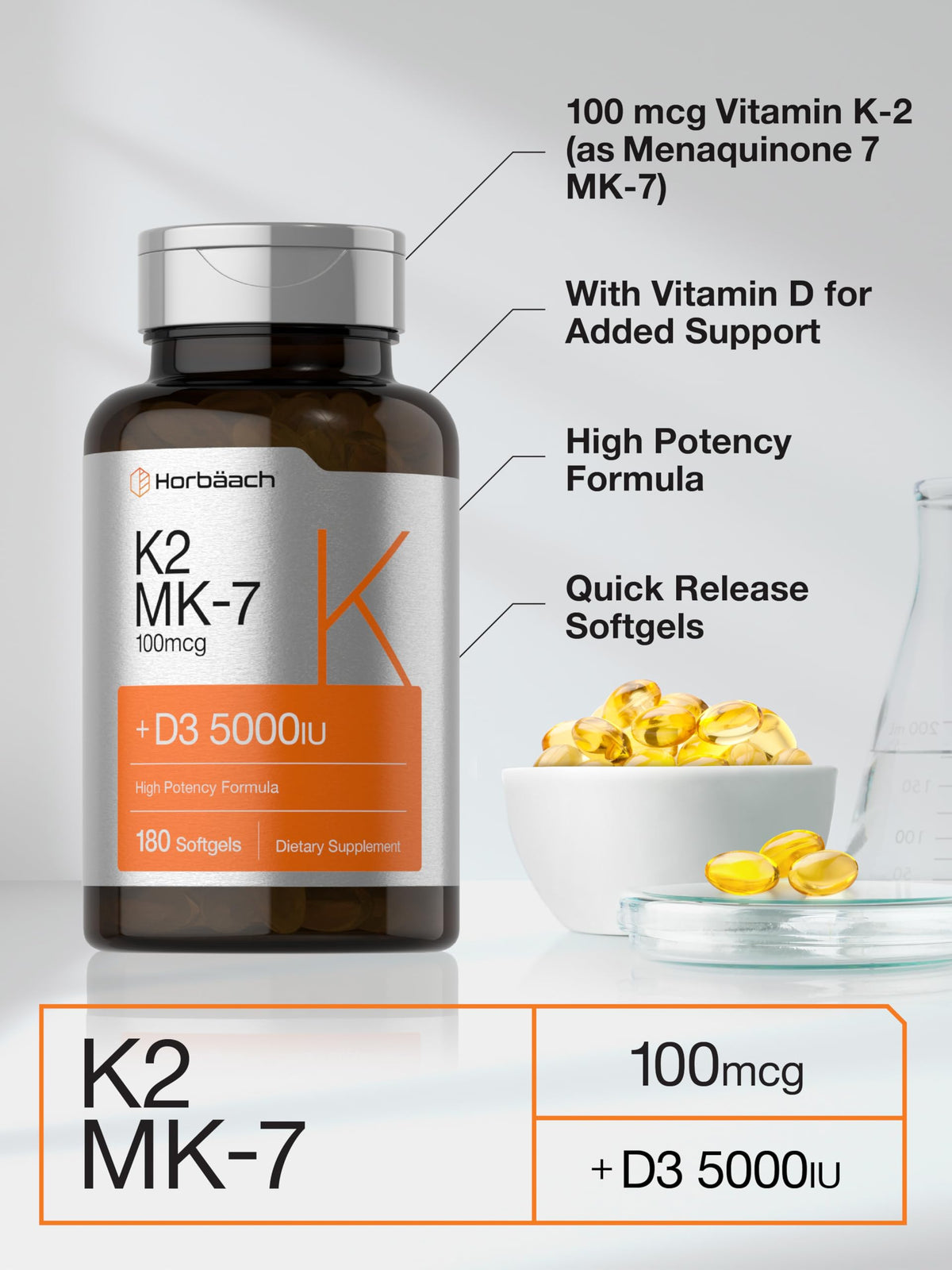 Horbäach Vitamin D3 K2 | 5000iu of Vitamin D & 100mcg MK-7 Complex | 180 Softgel Cap