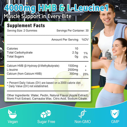 HMB and L-Leucine Gummies, 4000mg HMB and Leucine Supplements Amino Acid Gummies for Men & Women, Support Muscle Growth, Muscle Relief and Workout Recovery, Sugar-Free, Vegan, Apple Flavor, 120 Count