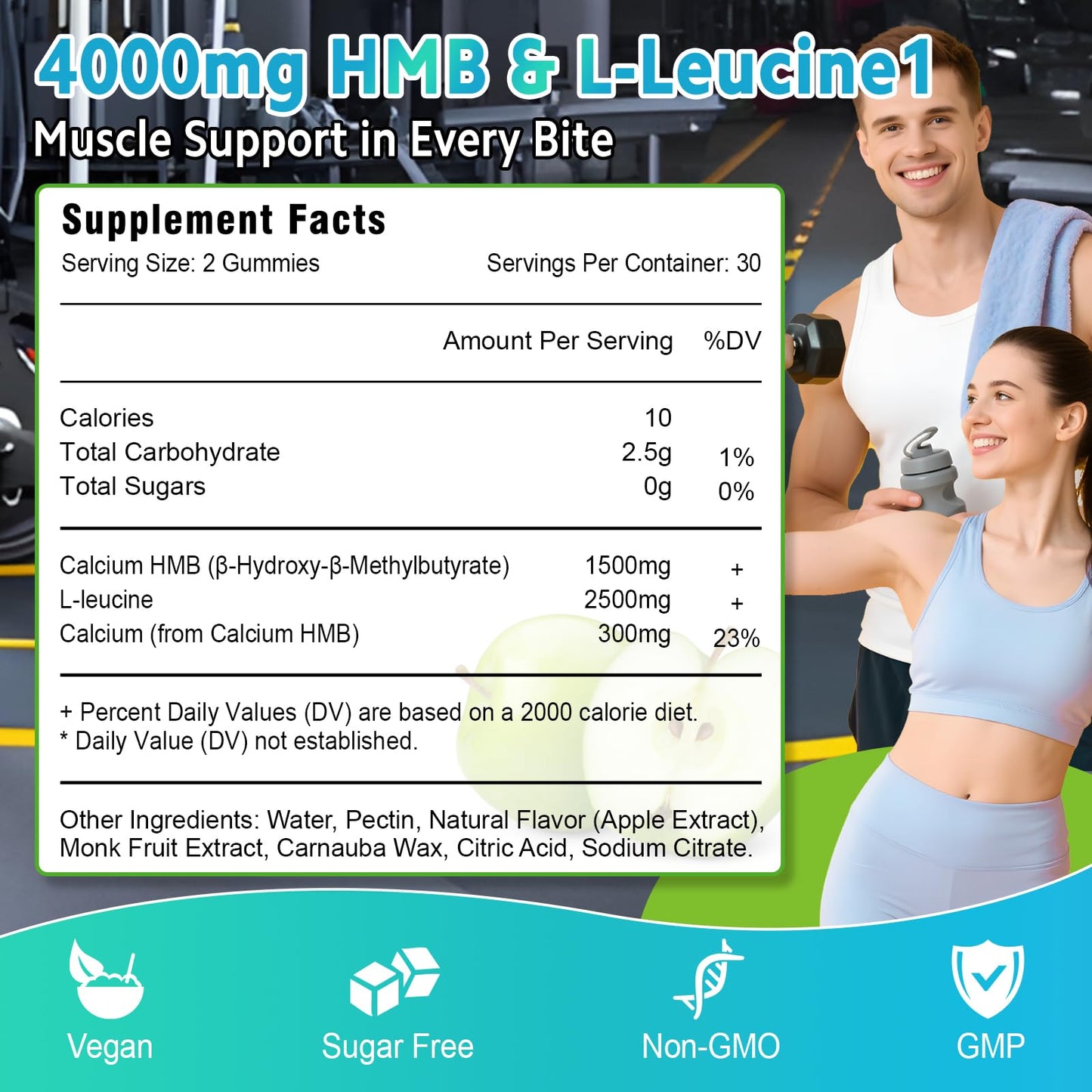 HMB and L-Leucine Gummies, 4000mg HMB and Leucine Supplements Amino Acid Gummies for Men & Women, Support Muscle Growth, Muscle Relief and Workout Recovery, Sugar-Free, Vegan, Apple Flavor, 120 Count