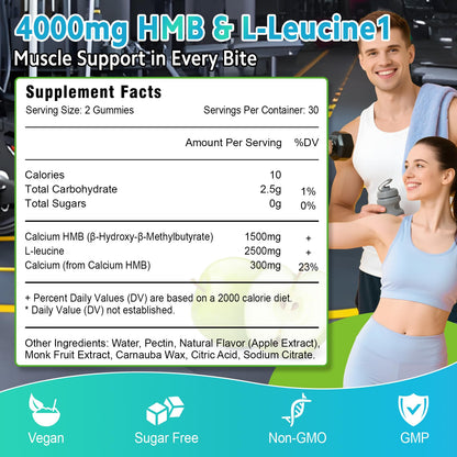 HMB and L-Leucine Gummies, 4000mg HMB and Leucine Supplements Amino Acid Gummies for Men & Women, Support Muscle Growth, Muscle Relief and Workout Recovery, Sugar-Free, Vegan, Apple Flavor, 120 Count