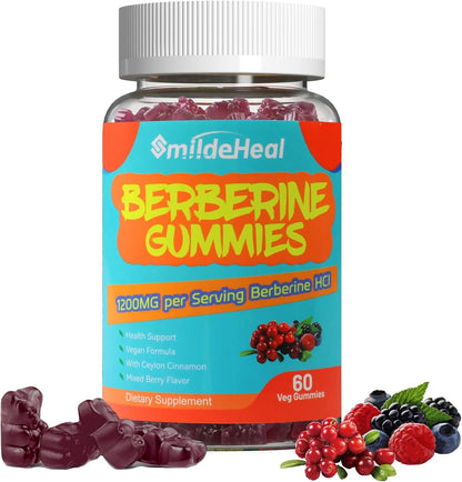 Berberine Gummies 1200mg with Ceylon Cinnamon 200mg, Milk Thistle Extract & Turmeric, Vegan Berry Flavor, Non-GMO, Gelatin-Free, Gluten-Free, 60 Count