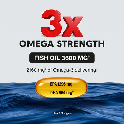 Omega 3 Fish Oil 3600 mg - Omega 3 Supplement | EPA & DHA - Heavy Metals Tested - Heart, Brain & Joint Support - Purified Fish Oil for Men & Women - Lab Tested - Lemon Flavored - 90 Softgels