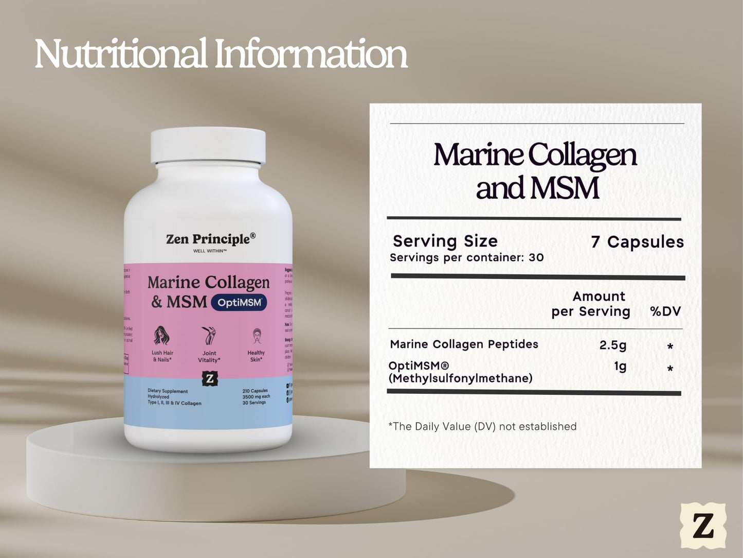 Zen Principle Marine Collagen Peptides Powder with OptiMSM® Supplement. Clinically Tested for Skin Support. Wild-Caught Fish, Non-GMO. 210 Capsules.
