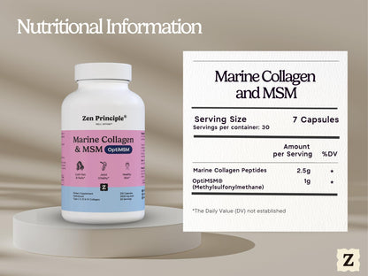 Zen Principle Marine Collagen Peptides Powder with OptiMSM® Supplement. Clinically Tested for Skin Support. Wild-Caught Fish, Non-GMO. 210 Capsules.