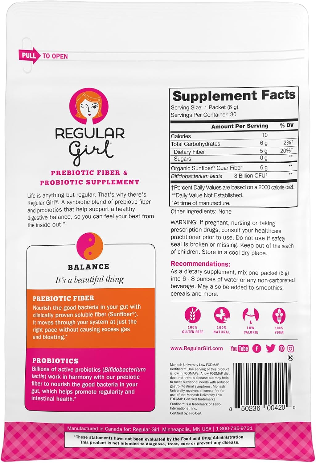 Regular Girl Organic Powder, Prebiotic Fiber Supplement and Probiotics for Women, Low FODMAP, 30 On-The-Go Packets, Unflavored, 30 Serving Packets