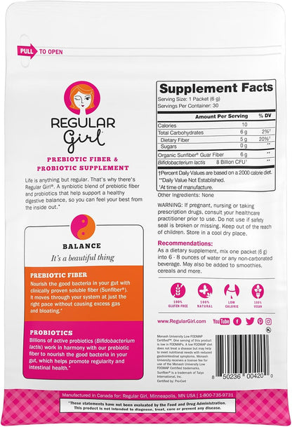 Regular Girl Organic Powder, Prebiotic Fiber Supplement and Probiotics for Women, Low FODMAP, 30 On-The-Go Packets, Unflavored, 30 Serving Packets