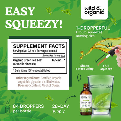 Wild & Organic Green Tea Extract Liquid Drops - Antioxidant Support - Pure Green Tea Supplement - 84-Day Supply - Vegan, Sugar & Alcohol-Free Camellia Sinensis Tincture - 4 fl oz