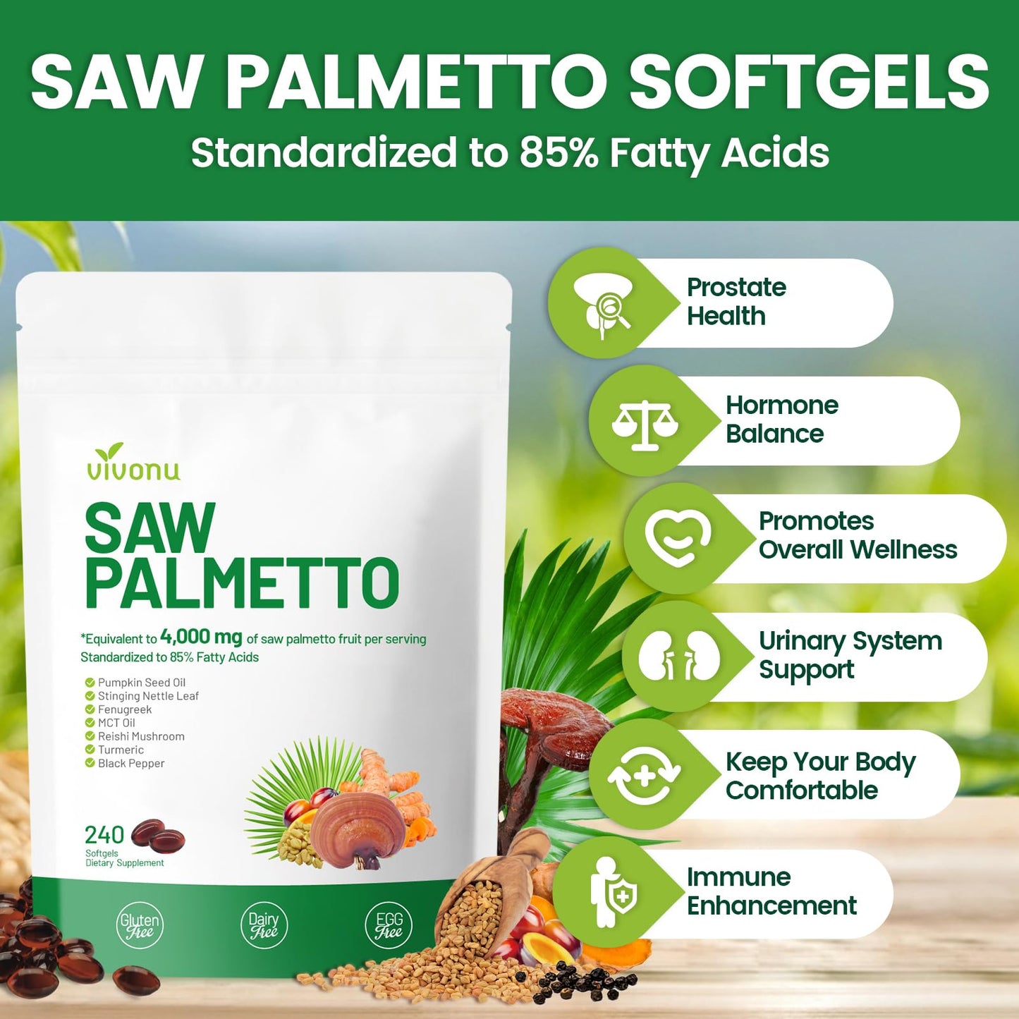 VivoNu Saw Palmetto Capsules Extract 8 in 1, Pumpkin Seed Oil - Supports Prostate Health, Relieves Urination Issues, Supports Hair Growth, DHT Blocker 240 Softgels