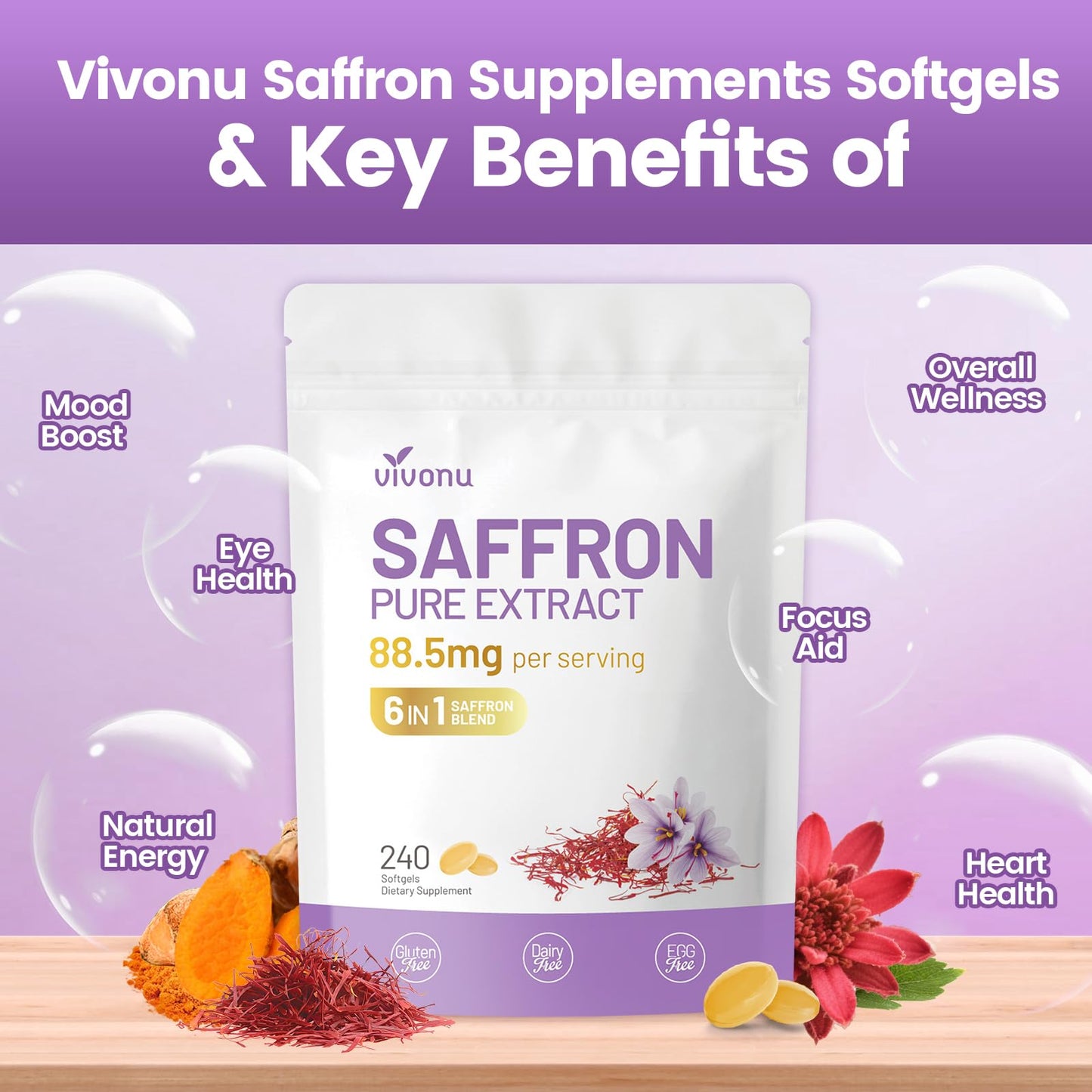 Saffron Supplements Softgels, Saffron Extract Capsules Supports Eyes Health, Energy, Mood, Immunity, Focus, Rich in Vitamin and Extracts of Saffron, Turmeric, Rosemary (240 Softgels / 1 Bag)