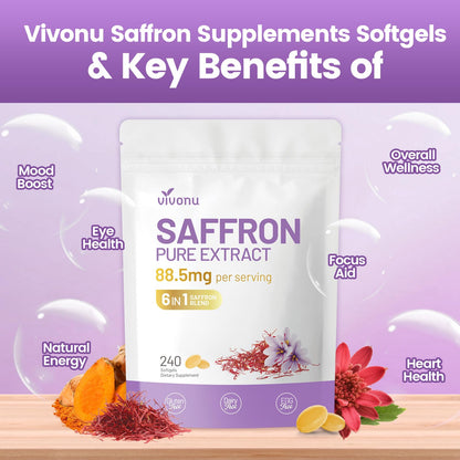 Saffron Supplements Softgels, Saffron Extract Capsules Supports Eyes Health, Energy, Mood, Immunity, Focus, Rich in Vitamin and Extracts of Saffron, Turmeric, Rosemary (240 Softgels / 1 Bag)