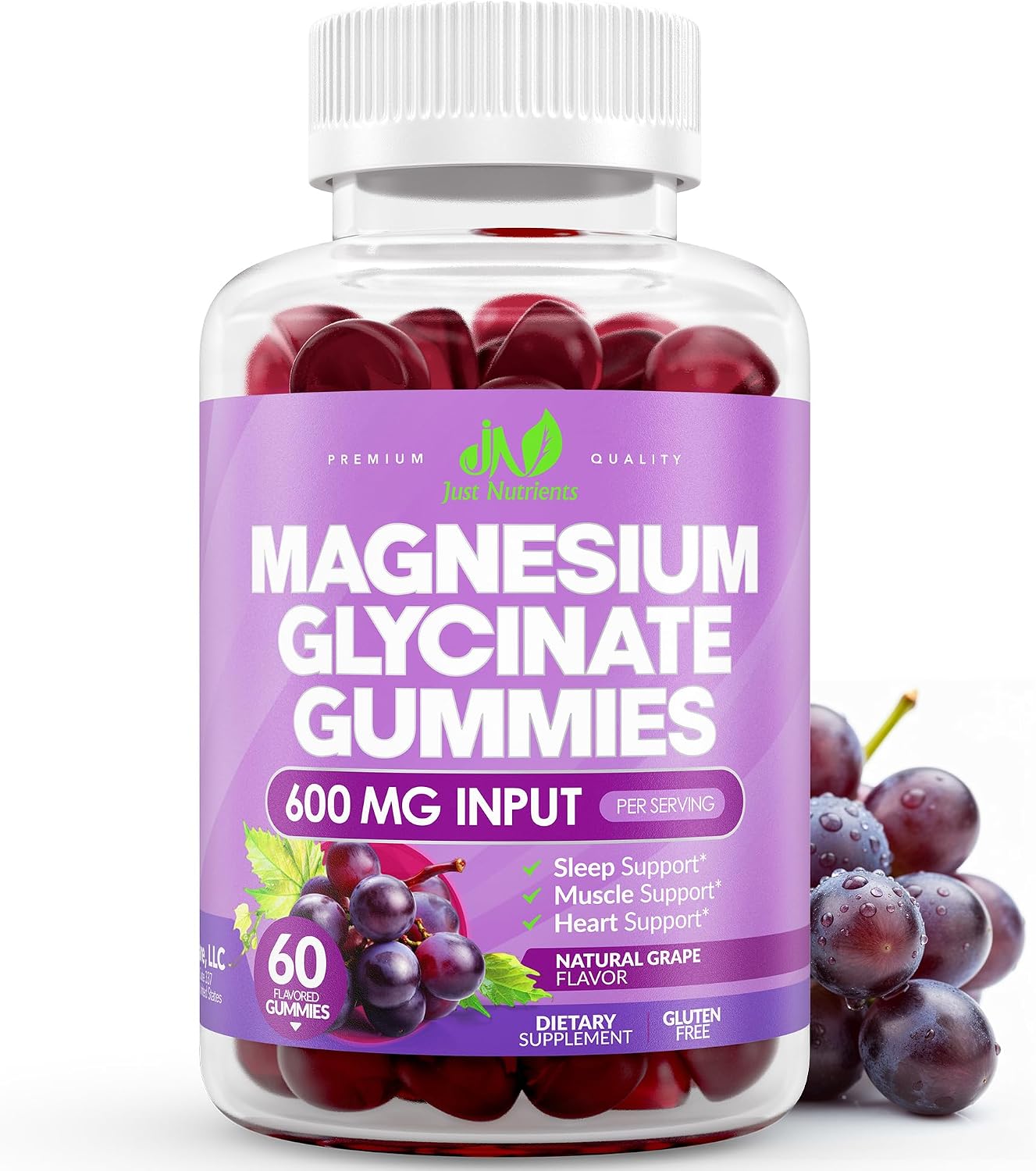 Magnesium Glycinate 600mg Gummies | Support for Sleep, Nerves, Immunity, Heart, Bones & Digestion - Natural Grape Flavor - 60 count