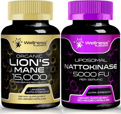 WELLNESS LABSRX Lions Mane Supplement Capsules with Nattokinase Capsules | Bundle