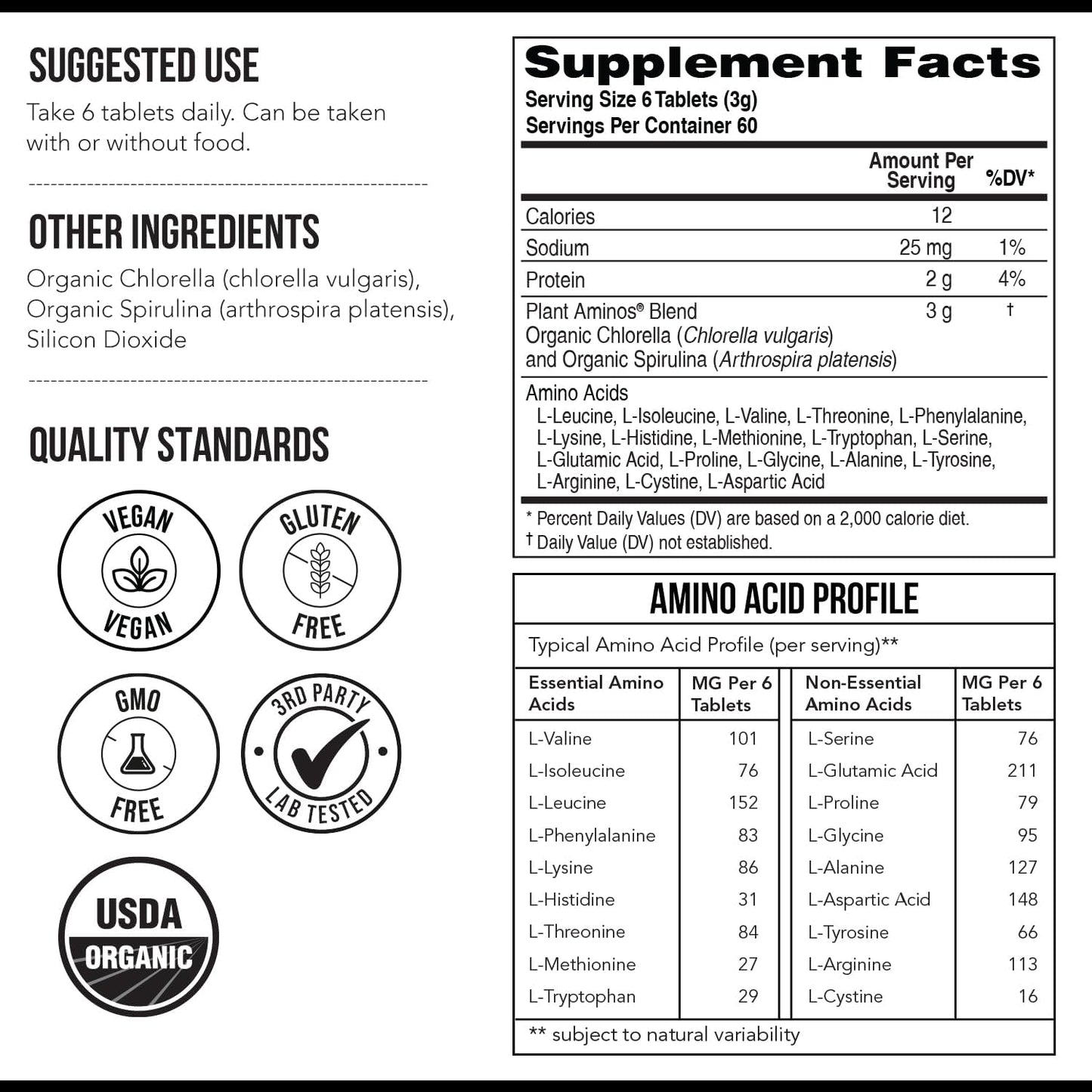 Plant Aminos Organic Essential Amino Acid Supplement (EAAs) & BCAA - 100% Plant-Based Raw, Vegan - All 9 Essential Amino Acids with 18 Total Amino Acids (360 Tablets)
