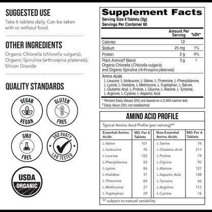 Plant Aminos Organic Essential Amino Acid Supplement (EAAs) & BCAA - 100% Plant-Based Raw, Vegan - All 9 Essential Amino Acids with 18 Total Amino Acids (360 Tablets)