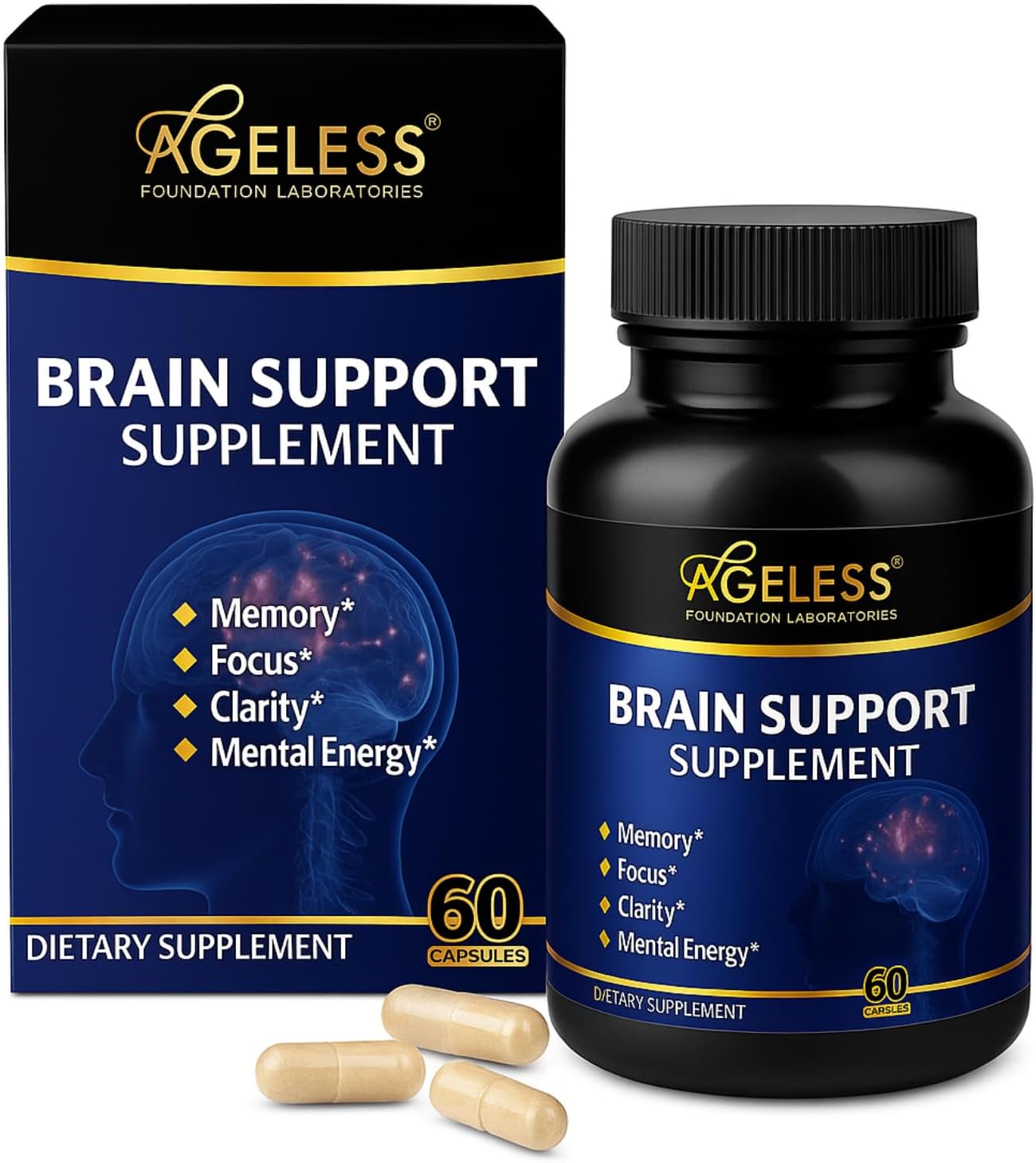 Ageless NAD+ & Brain Support – Nicotinamide Riboside 300mg & Nootropic Cognitive Supplement for Energy, Focus, Memory & Anti-Aging – for Men & Women – 30 + 60 Capsules