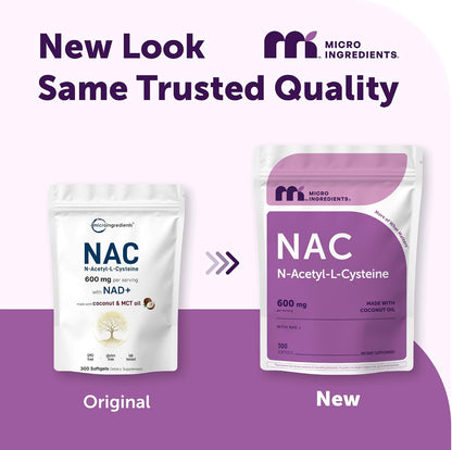 Micro Ingredients NAC Supplement 600mg Per Serving with NAD+ & Coconut Oil, 300 Softgels | 2-in-1 N Acetyl L Cysteine Plus Nicotinamide Forms | NAD Supplements for Women & Men | Non-GMO, Gluten Free