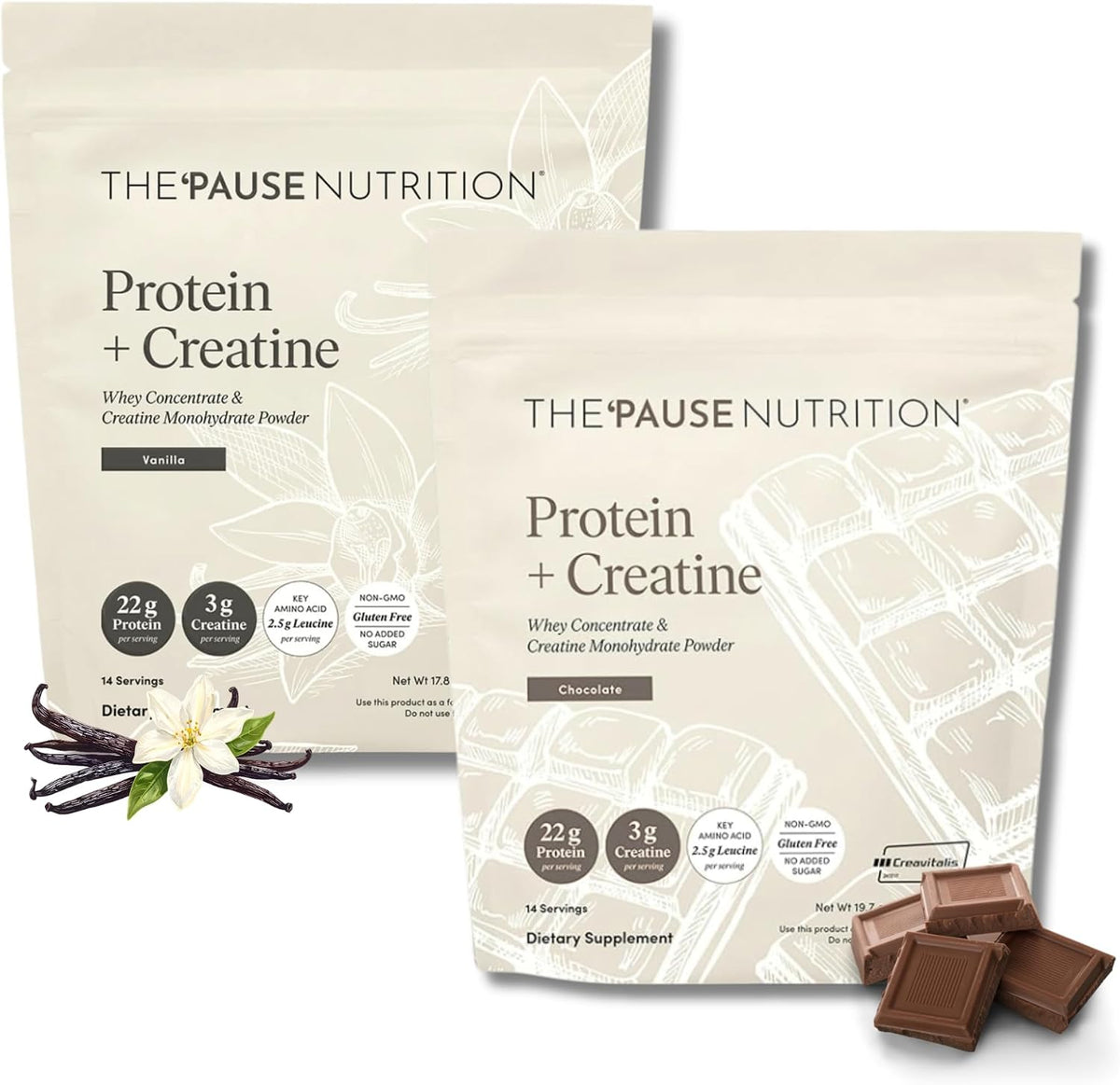 The 'Pause Life Protein + Creatine, Vanilla & Chocolate Bundle, 28 Servings