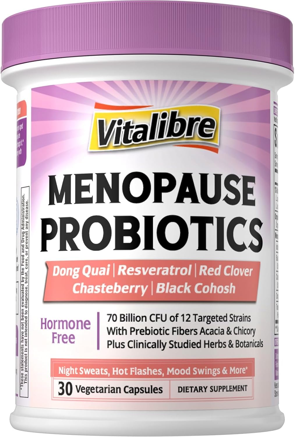 Vitalibre Menopause Probiotics for Women 70 Billion CFU, 12 Targeted Strains, Organic Prebiotics, Black Cohosh Resveratrol Red Clover Chasteberry Dong Quai, Hot Flash Night Sweat+, No Estrogen, 30 Ct