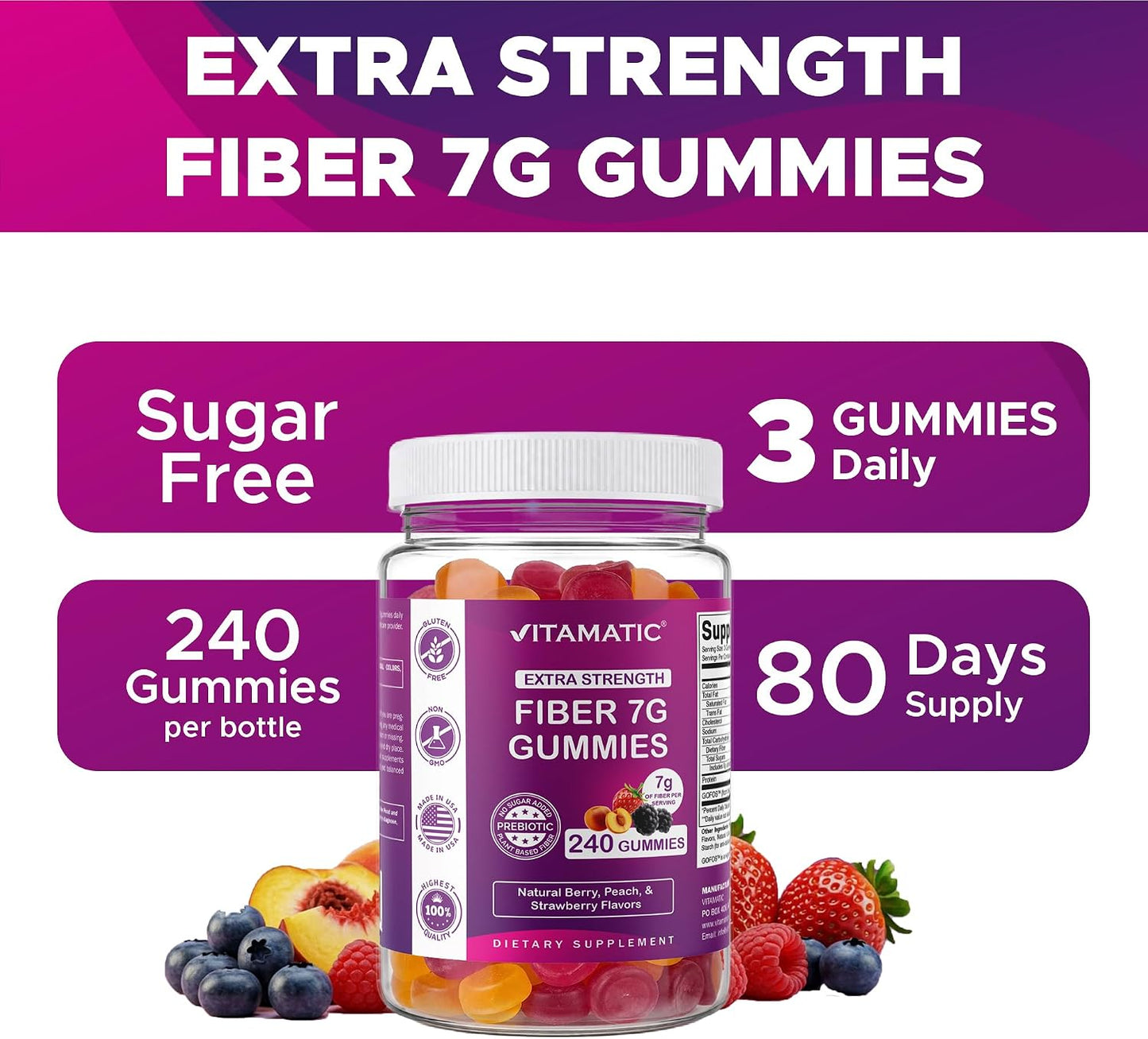 Vitamatic Prebiotic Fiber Gummies for Adults, 7G Extra Strength, Zero Sugar Added, 240 Pectin Based Gummies, Digestive Health & Regularity Support