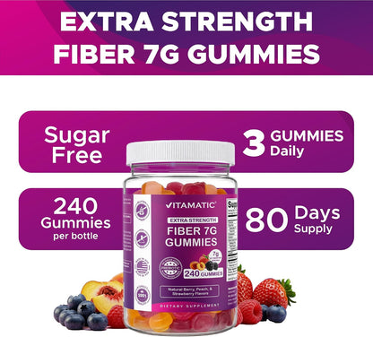 Vitamatic Prebiotic Fiber Gummies for Adults, 7G Extra Strength, Zero Sugar Added, 240 Pectin Based Gummies, Digestive Health & Regularity Support