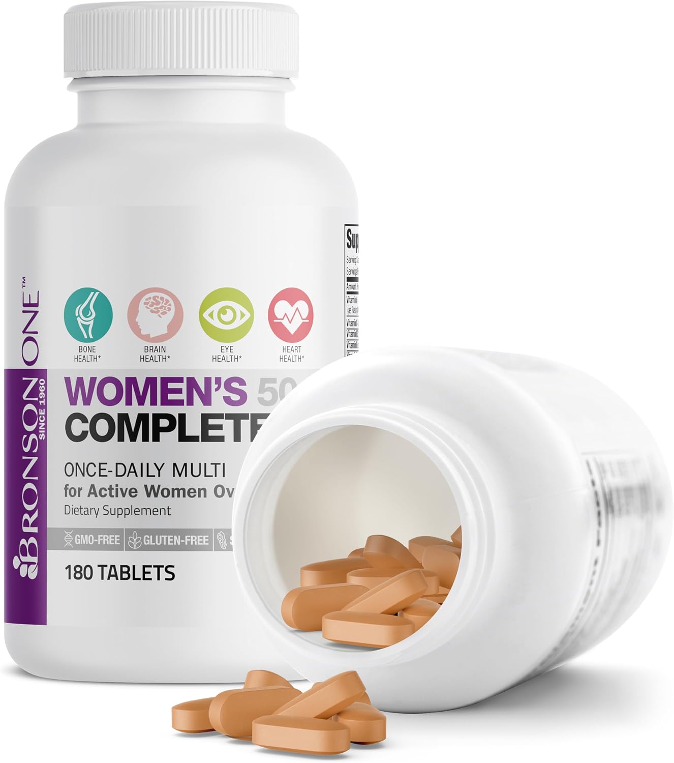 Bronson ONE Daily Women 50+ Complete Multivitamin Multimineral, 180 Tablets | Once-Daily, Targeted Nutrition For Active Women Over 50, Non-GMO, Gluten-Free, Soy-Free
