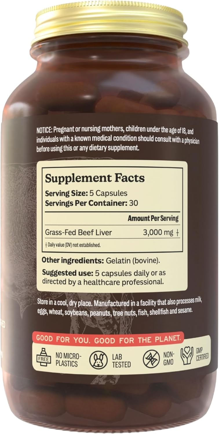 MK Supplements Grass-Fed Desiccated Beef Liver, Non-Defatted, Made in USA | 3,000mg per serving, 150 capsules, 30 servings, freeze-dried, regeneratively raised, amber glass bottle, family owned