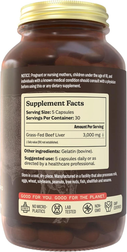 MK Supplements Grass-Fed Desiccated Beef Liver, Non-Defatted, Made in USA | 3,000mg per serving, 150 capsules, 30 servings, freeze-dried, regeneratively raised, amber glass bottle, family owned