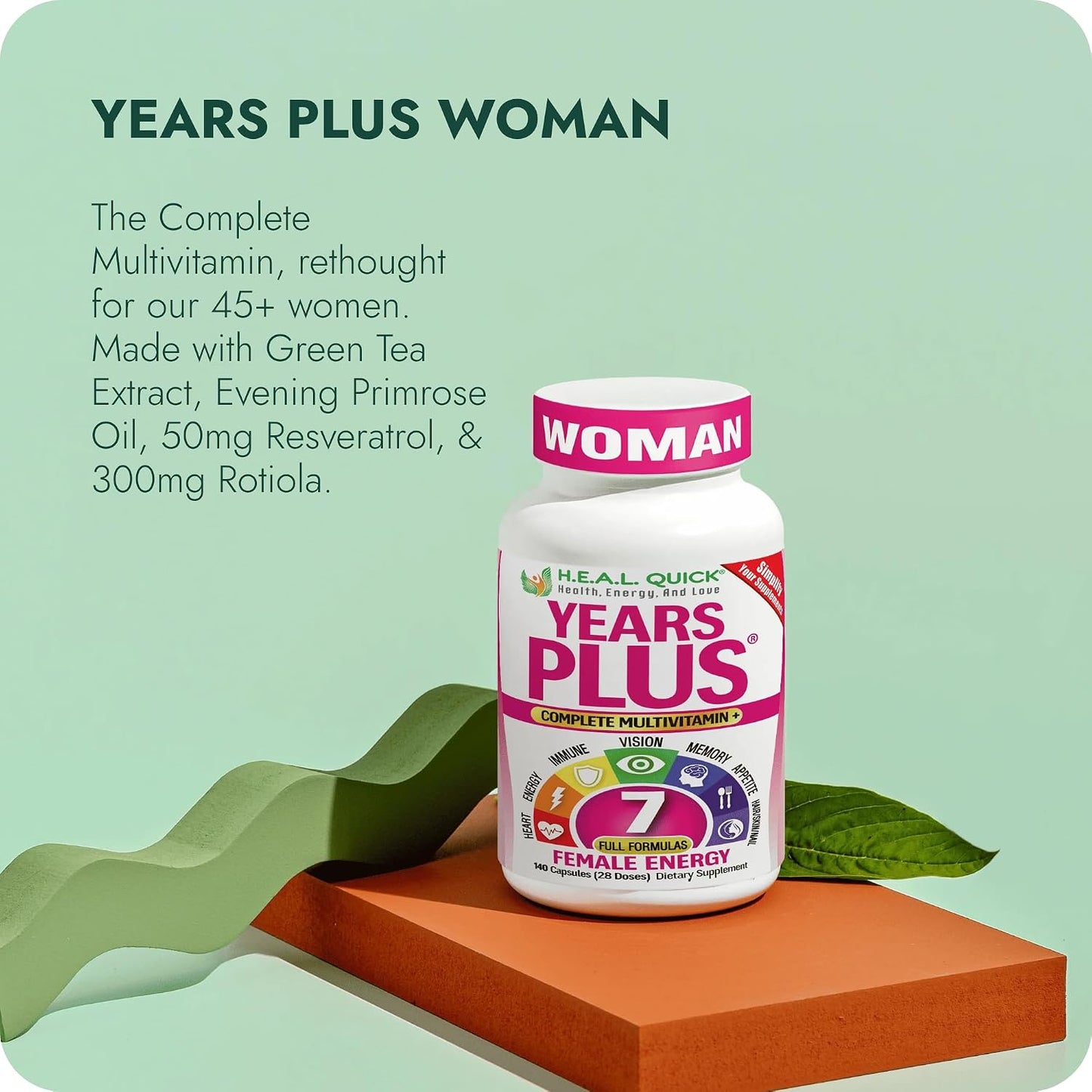 Century Systems H.E.A.L. Quick Years Plus Woman - 140 Capsules | Complete Multivitamin for Women 45+ with Green Tea Extract, Evening Primrose Oil, Resveratrol & Rotiola - 28 Servings