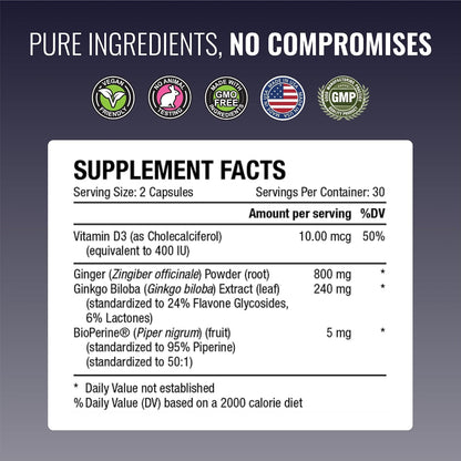 Approved Science VertiSyl - Ginkgo Biloba, Ginger, Vitamin D3, BioPerine - 60 Capsules - 1 Month Supply