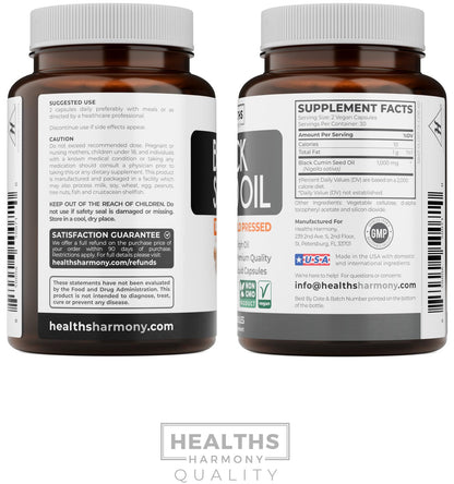 Black Seed Oil - 120 Softgel Capsules Skin Health (Non-GMO & Vegan) Cold-Pressed Nigella Sativa Producing Pure Black Cumin Seed Oil with Vitamin E - 500mg Each, 1000mg Per 2 Capsule Serving
