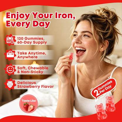 2 Pack Iron Gummies for Women & Men, Iron Supplement, Sugar Free, Vegan | for Anemia & Iron Deficiency, with Vitamin B12, Vitamin C, Zinc, Folate - Energy Boost, Strawberry Flavor, 120 Count