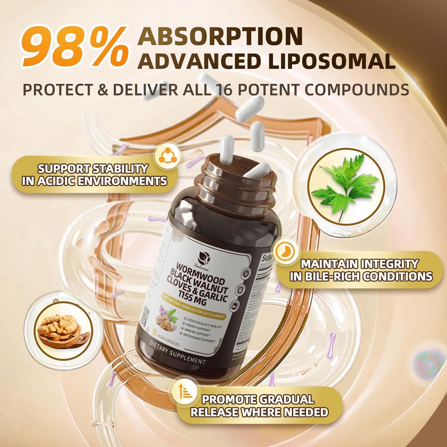 16-in-1 Wormwood Black Walnut Clove Cleanse - Gentle Gut Health | with Pumpkin Seeds Garlic Oregano Turmeric - Natural Digestive & Intestinal Health - Liposomal Tech 98% Absorption 1150mg