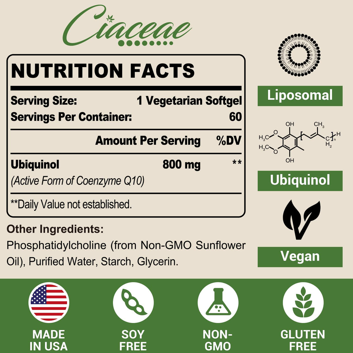 Liposomal CoQ10 800mg Ubiquinol Softgel, Max Absorption Ubiquinol Coenzyme Q10