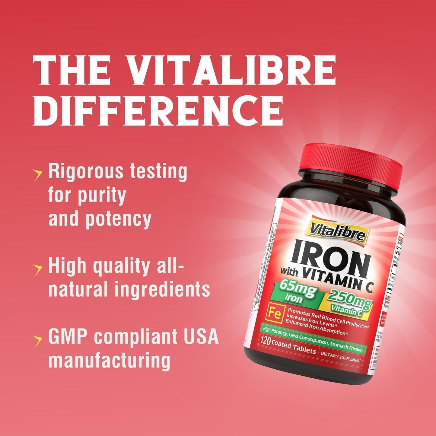 Iron Supplement, 65mg Carbonyl Iron with 250mg Vitamin C, Stomach Friendly | Iron Pills for Blood Building Women & Men, High Absorption, No Nausea, No Constipation, Non-GMO, No Gluten, 60 Vegan Tabs