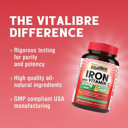Iron Supplement, 65mg Carbonyl Iron with 250mg Vitamin C, Stomach Friendly | Iron Pills for Blood Building Women & Men, High Absorption, No Nausea, No Constipation, Non-GMO, No Gluten, 60 Vegan Tabs