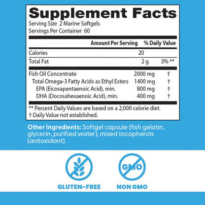 Doctor's Best Omega 3 Fish Oil Supplement for Women & Men - Source of DHA, EPA, & Omega-3 Fatty Acids, Purified, High 2000 mg Potency, Heart Health Support, Non-GMO, Gluten Free - 120 Marine Softgels