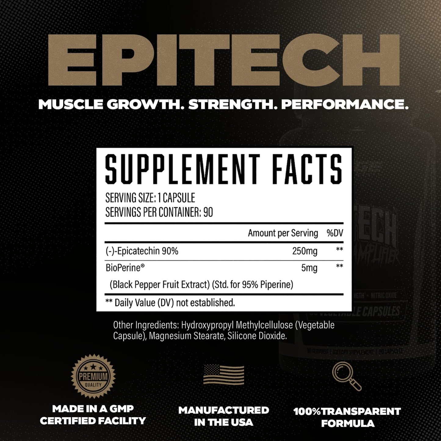 Epitech® Epicatechin Supplement – Natural Myostatin Inhibitor for Muscle Growth, Optimally Dosed, Added BioPerine® for Maximum Absorption, Boosts Endurance, Nitric Oxide & Recovery – 90 Servings