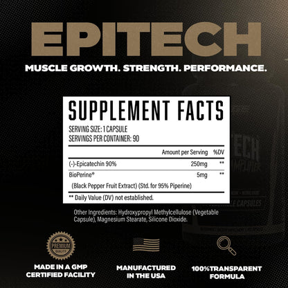 Epitech® Epicatechin Supplement – Natural Myostatin Inhibitor for Muscle Growth, Optimally Dosed, Added BioPerine® for Maximum Absorption, Boosts Endurance, Nitric Oxide & Recovery – 90 Servings