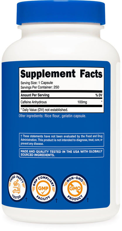 Nutricost Caffeine Pills 100mg Per Serving, 250 Capsules