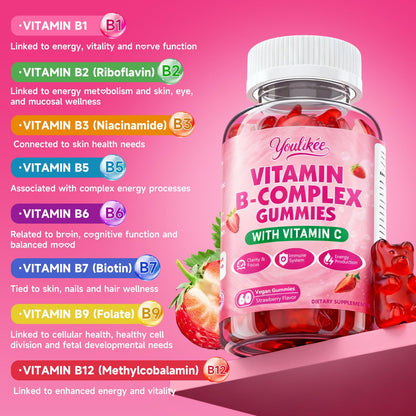 Vitamin B-Complex Gummies for Women & Men, Strawberry Flavor, 60 Count | Methyl B12, B1, B2, B3, B5, B6, B7 & B9 - Vitamin B Complex with Vitamin C for Energy, Brain & Immune Support