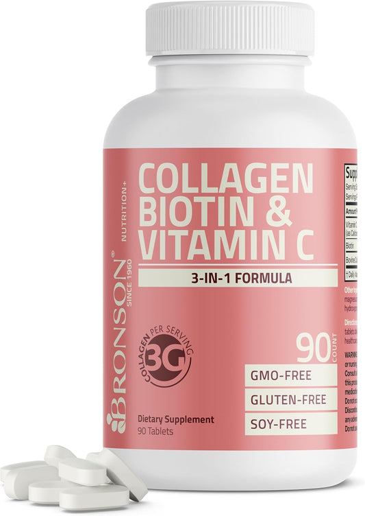 Bronson Collagen Peptides 3000mg with Biotin & Vitamin C, 90 Tablets | Hair, Skin & Nails Support, 3g Collagen per Serving, Non-GMO, Gluten-Free, Soy-Free