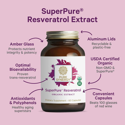PURE SYNERGY SuperPure Resveratrol Extract | Organic Resveratrol Supplement | Antioxidant Trans-Resveratrol Extract with Grape Polyphenols | for Healthy Aging, Heart, and Skin Health (60 Capsules)